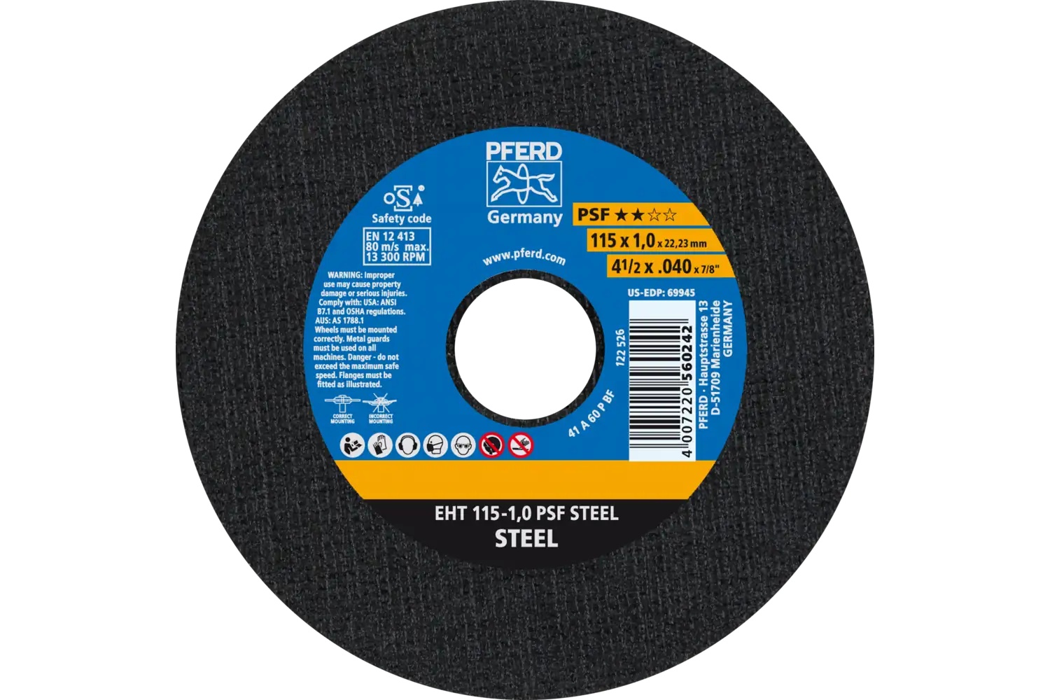 Picture of Pferd Cut-Off Wheel, 4-1/2" X .040 X 7/8, Psf Steel, T1, Aluminum Oxide